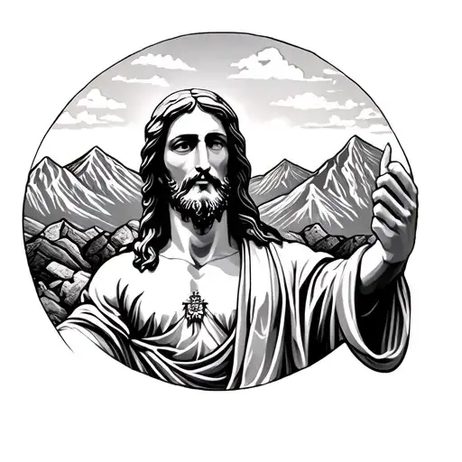 A statue of Jesus with mountains behind  tattoo design idea