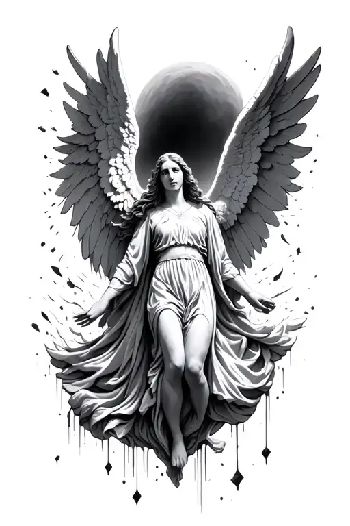 angel falling out of heaven into underground to darkness 2d view tattoo design idea