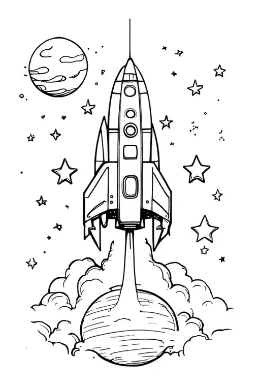 Spaceship launching rocket into sky which have planet and stars. Three stars are bigger and represents family members tattoo design idea
