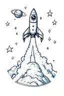 Spaceship launching rocket into sky which have planet and stars. Three stars are bigger and represents family members tattoo design idea