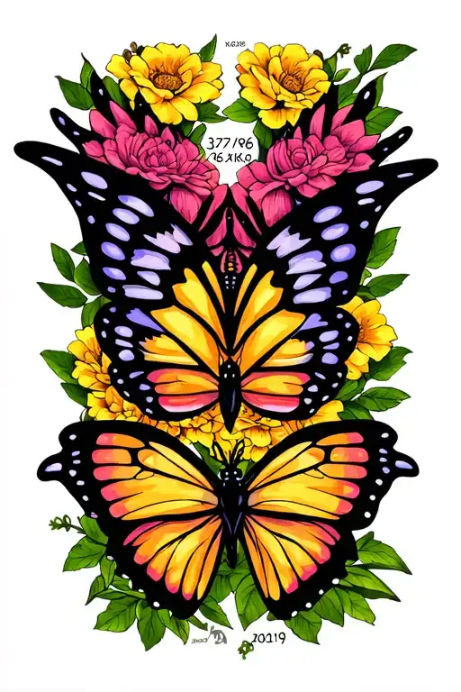 "3/27/1986-10/16/2019" Butterfly with Erika Written into Wings tattoo design idea