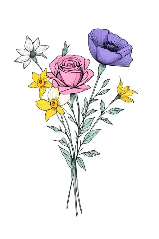 fine line, simplic flower bouqet with rose, daffodil, violet, and poppy tattoo design idea