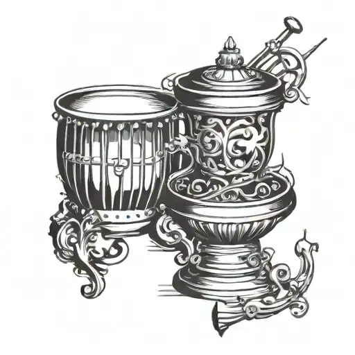 Incorporate musical notes and percussion instruments into a design featuring the Lord's Cup Embassy building tattoo design idea