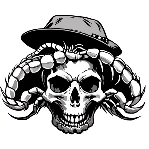 scorpion crawling through skull with a paddy hat on tattoo design idea
