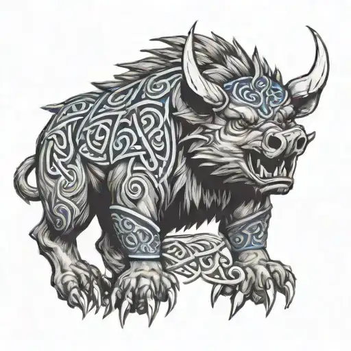 angry boar With Blue Eyes On Armor Tattoo Design Featuring Celtic Trinity Knot Tattoo tattoo design idea