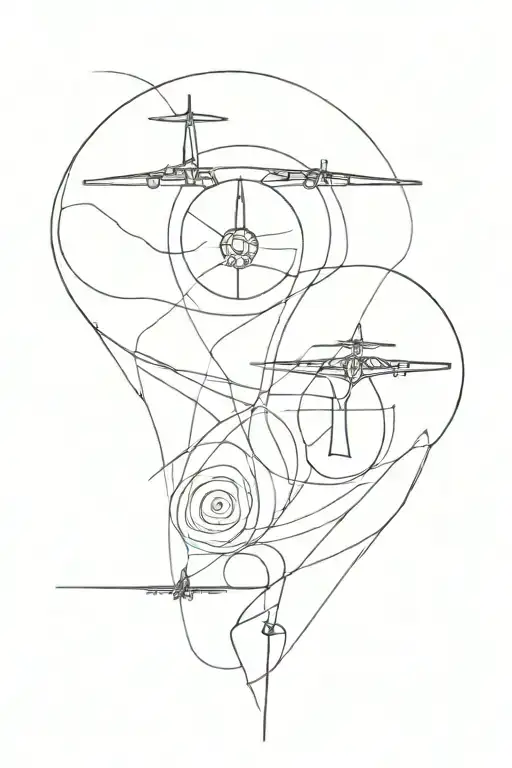mother and daughter. Nazca line spirals as their faces. The Nazca mountains in the back. Aeroplane with pulse. tattoo design idea
