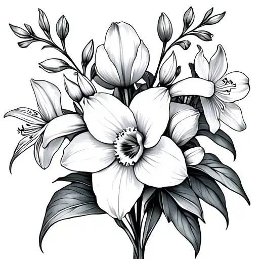 Larkspur, Narcissus, and Lilly flower bouquet tattoo design idea