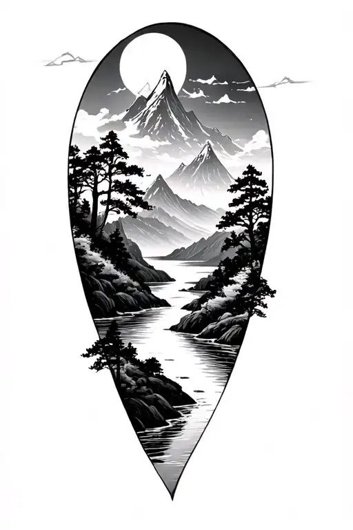 A mountain in the background, a tori and a river in the middle in black and white tattoo design idea