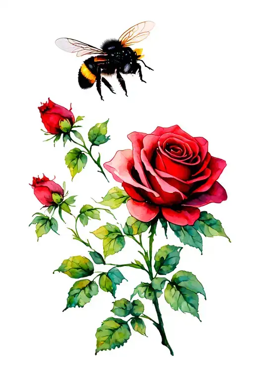 Long stemmed Red Rose and fluffy Bumblebee flying above tattoo design idea