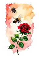 Long stemmed Red Rose and fluffy Bumblebee flying above tattoo design idea