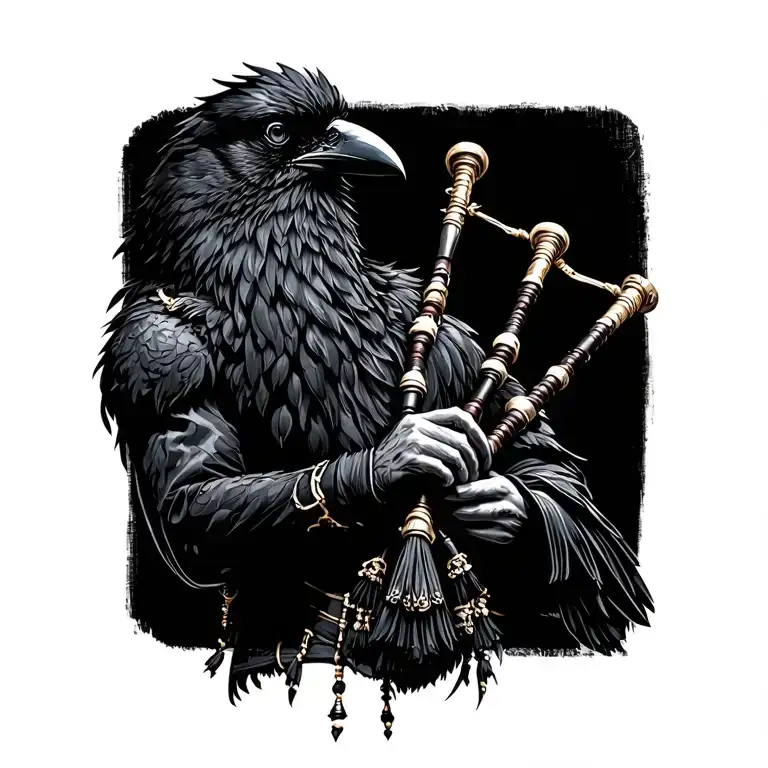  crow muscular with mans face bagpiper playing black bagpipes baldblack beard tattoo design idea