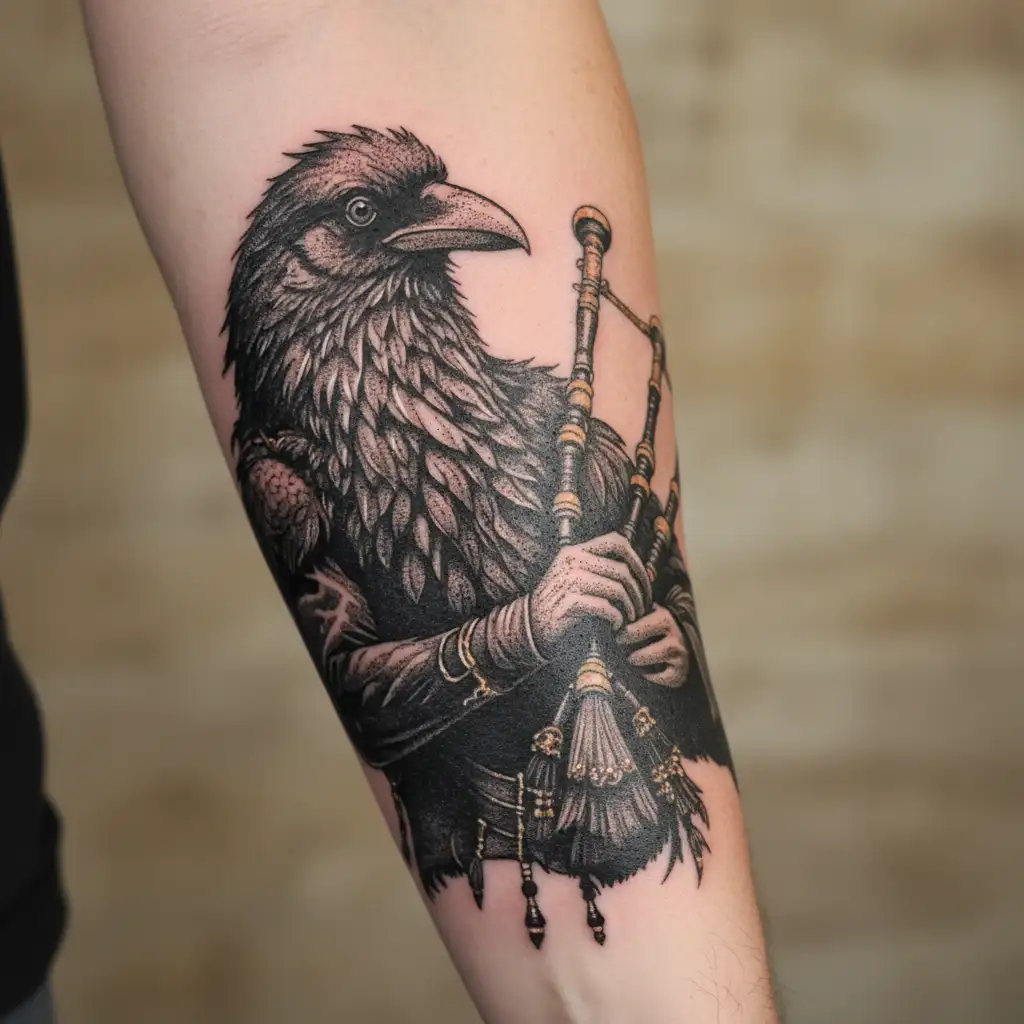  crow muscular with mans face bagpiper playing black bagpipes baldblack beard tattoo design idea