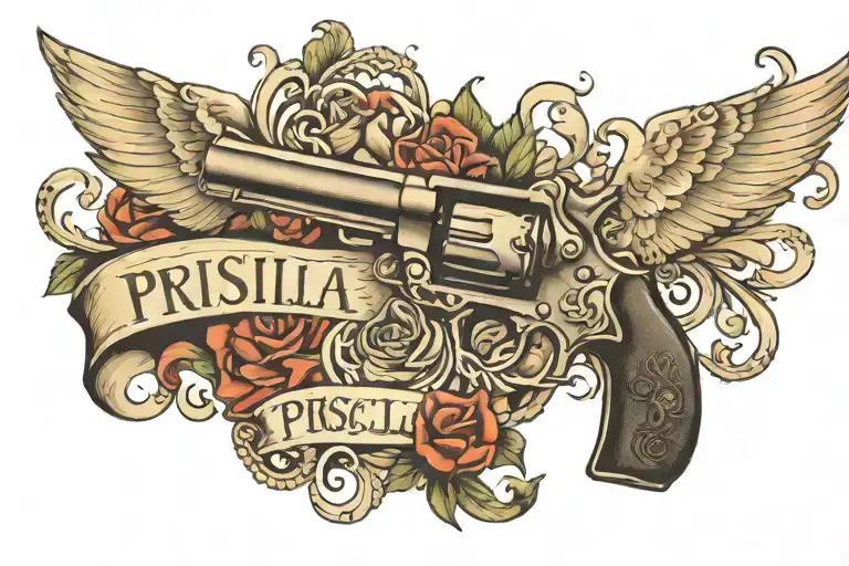 pistol with Priscilla name written tattoo design idea