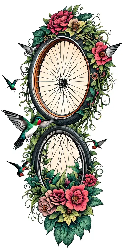 A dotwork tattoo of a bicycle wheel with intricate floral patterns and vines growing around it with hummingbirds  tattoo design idea