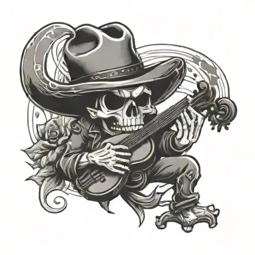 skull cowboy playing fiddle Texas flag intertwined tattoo design idea