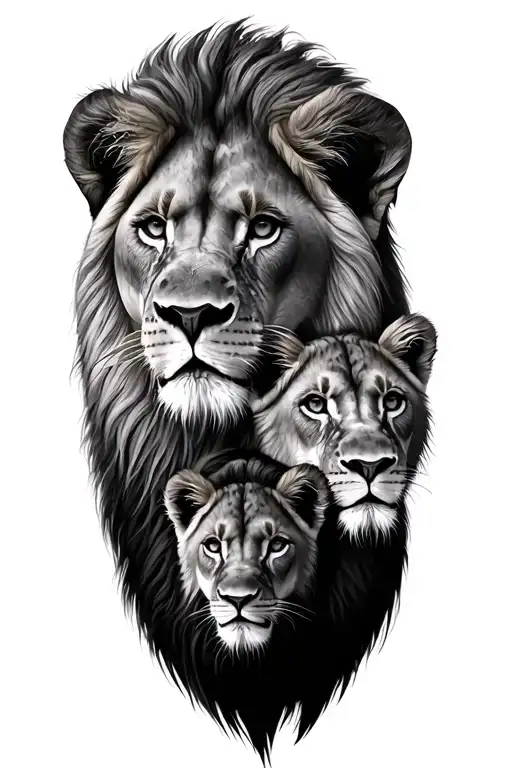 lion and lioness and 2 cubs face only way tattoo design idea