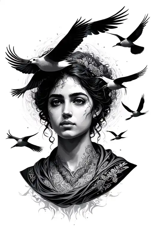 lost bust still trying to find success like Arabic writing and around it is birds flying. tattoo design idea