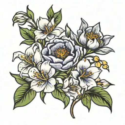 honeysuckle iris daisy peony snowdrop rose sweetpea tattoo design idea