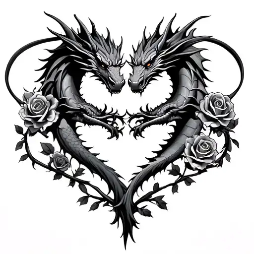 two dragons intertwined heart shape roses vines  tattoo design idea