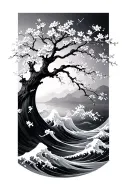 waves and cherry blossom tree tattoo design idea