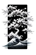 waves and cherry blossom tree tattoo design idea