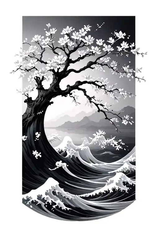 waves and cherry blossom tree tattoo design idea