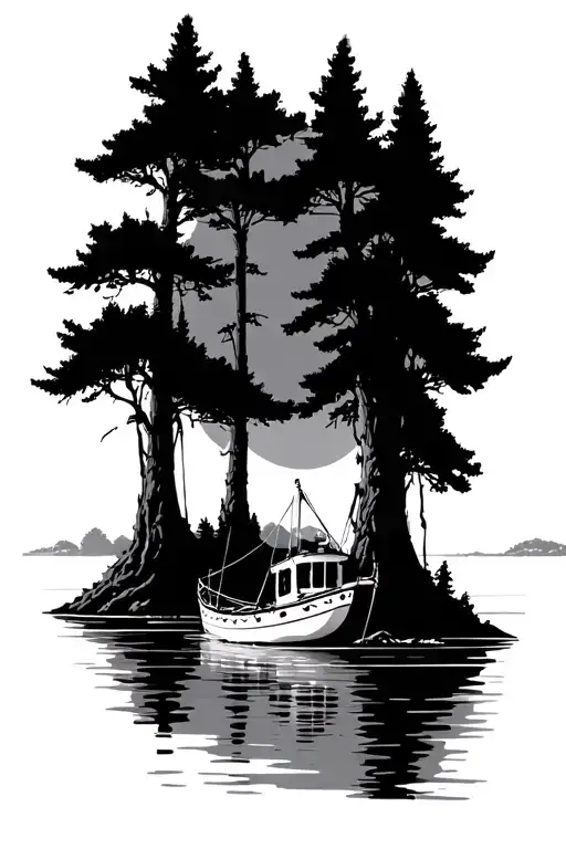 cypress trees with boat tattoo design idea