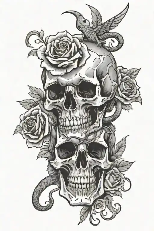 Dagger going through a skull with a snake wrapping around it and withered roses around it tattoo design idea