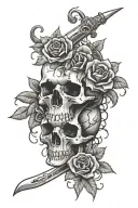 Dagger going through a skull with a snake wrapping around it and withered roses around it tattoo design idea