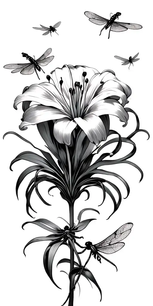 red spider lily with dragonflys surrounding it tattoo design idea
