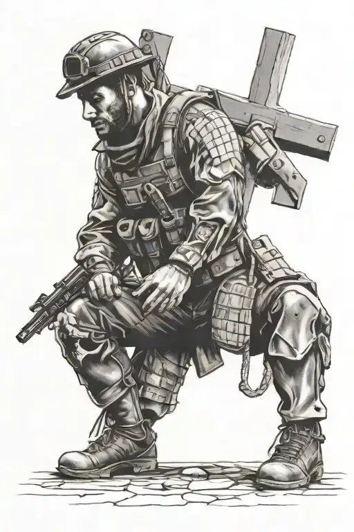Kneeling SOF Soldier holding a cross tattoo design idea