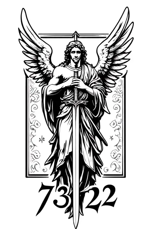 "7 3 2" "7 3 2" "732" st. michael with wings and sword tattoo design idea