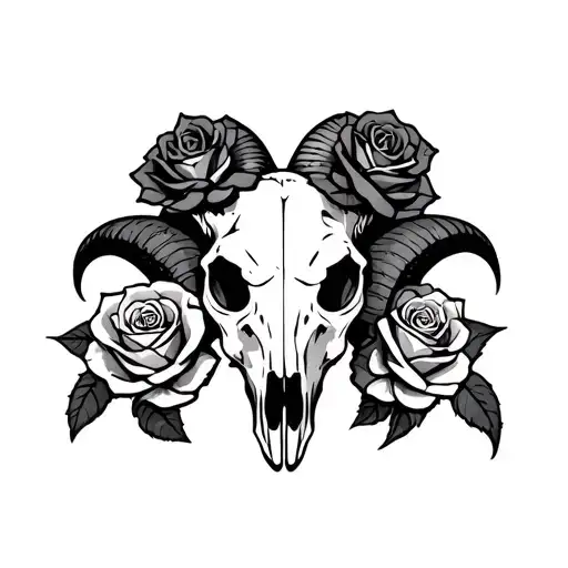 ram skull and three roses off one side of horn skull tattoo design idea