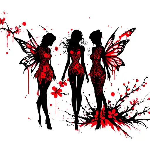 Silhouette Fairy 3 male and 2 female fairy and cherry blossoms leg tattoo tattoo design idea