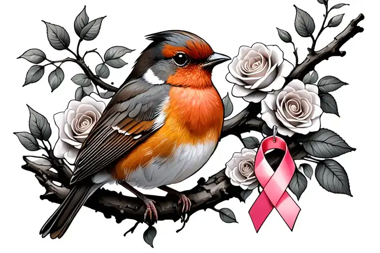 Colored Robin sitting on branch with roses around it with a cancer ribbon hanging on the branch tattoo design idea