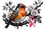 Colored Robin sitting on branch with roses around it with a cancer ribbon hanging on the branch tattoo design idea