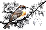 Colored Robin sitting on branch with roses around it with a cancer ribbon hanging on the branch tattoo design idea
