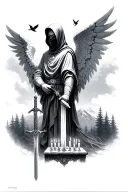 Angel in a hood and a mask with a sword against a background of forest and mountains, small birds, in front of an angel Altar with candles tattoo design idea