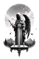 Angel in a hood and a mask with a sword against a background of forest and mountains, small birds, in front of an angel Altar with candles tattoo design idea
