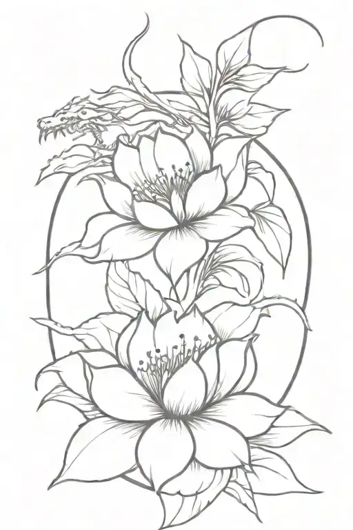 Flowers and dragon fine line tattoo tattoo design idea