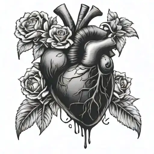 anatomically correct heart with bandage on aorta. flowers coming out of heart tattoo design idea