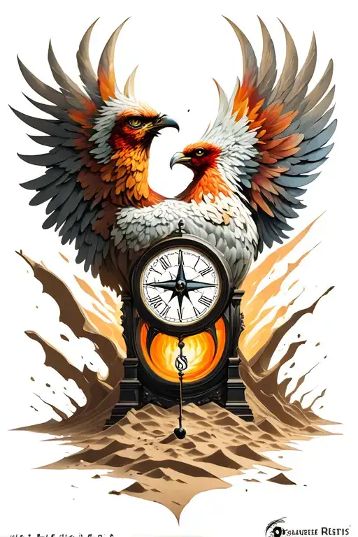phoenix with compass and breaking out of a sand clock  tattoo design idea
