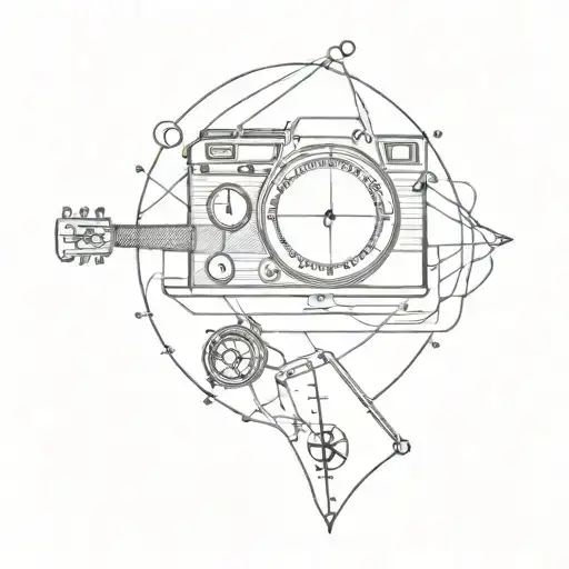 Guitar, Camera, Compass combined tattoo design idea