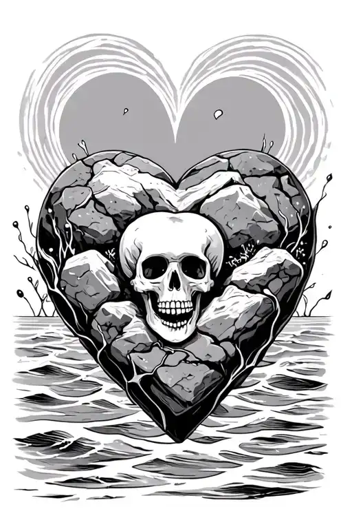 skeletal remains on heart shaped boulders inside the flowing ocean tattoo design idea