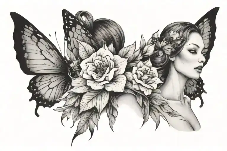 Woman with Butterfly wings and flowers blooming tattoo design idea