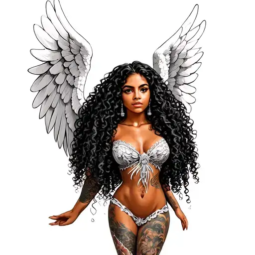 beautiful curly hair tan skin Latina guardian angel with big wings tattoo design idea