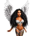 beautiful curly hair tan skin Latina guardian angel with big wings tattoo design idea