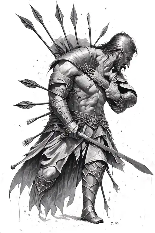 fallen wounded knight with arrows in his back tattoo design idea