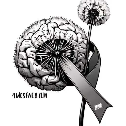 Brain cancer ribbon wrapped loosely around the stem of a dandilion with the word MOM written underneath it tattoo design idea