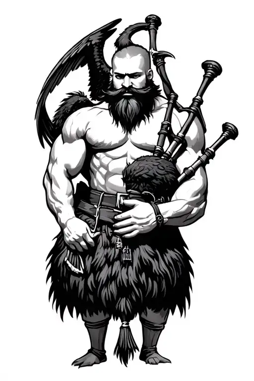 hairy muscular bagpiper bald black beard black huge wings on  back playing the bagpipes  crow with claws add brown tattoo design idea